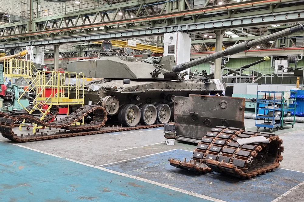 Challenger 2 heavy armoured vehicle in a factory undergoing a refit